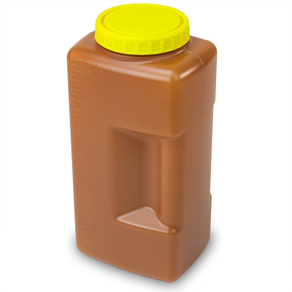 24 Hour Urine Collection Container, 2000 mL (2 L) Amber HDPE, Affixed Screwcap — Case of 50 | Globe Scientific