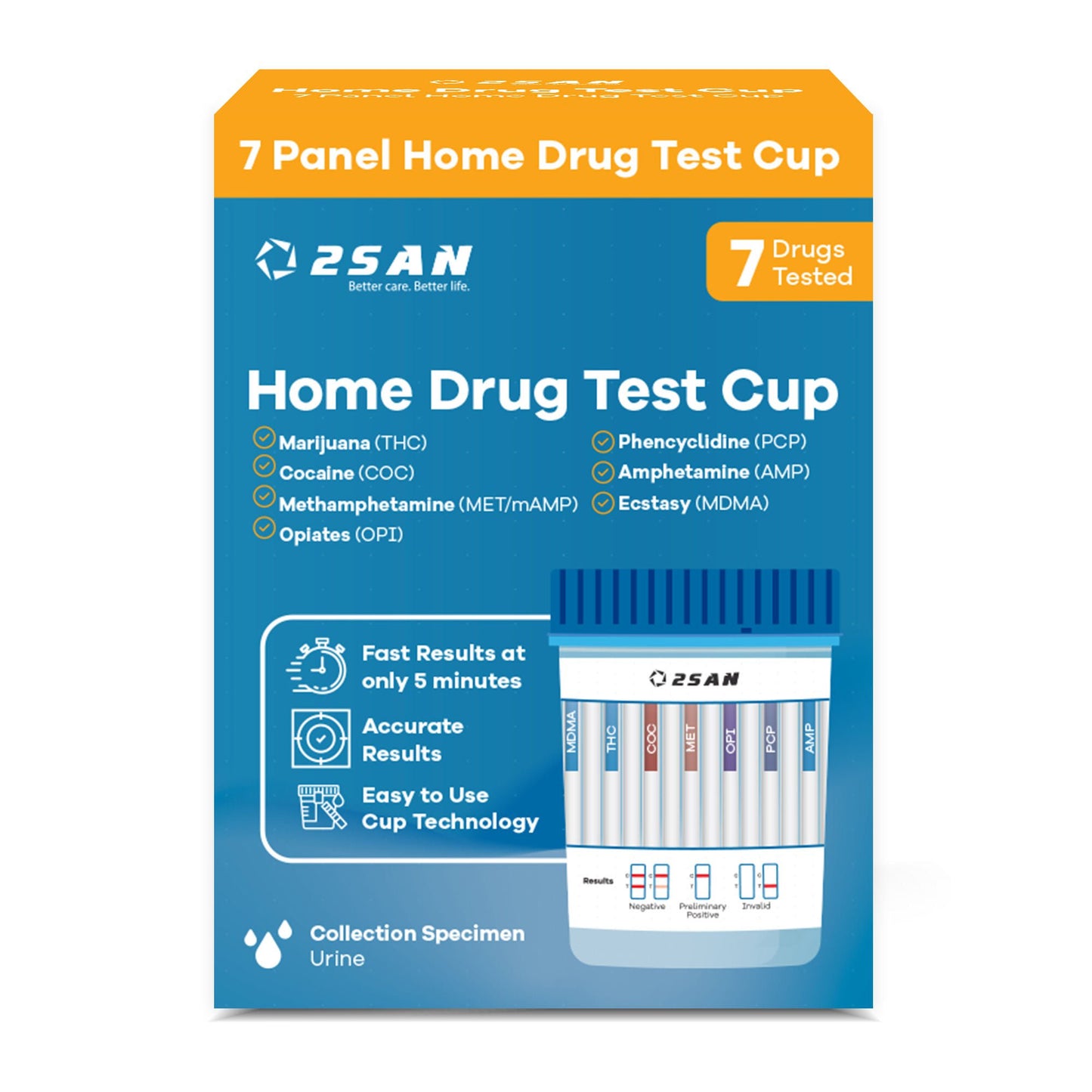 2San Drugs of Abuse Test Kit AMP, COC, mAMP/MET, MDMA, OPI, PCP, THC (18 Kits ) CLIA Waived
