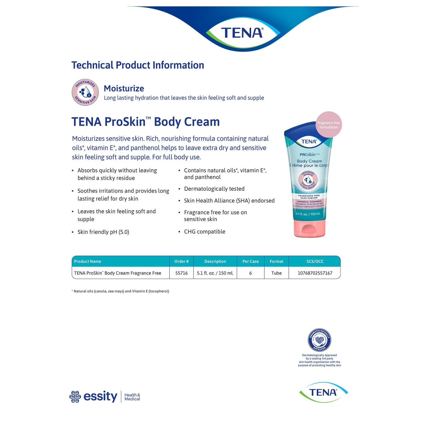 TENA Proskin Hand and Body Moisturizer Tube Unscented Cream CHG Compatible