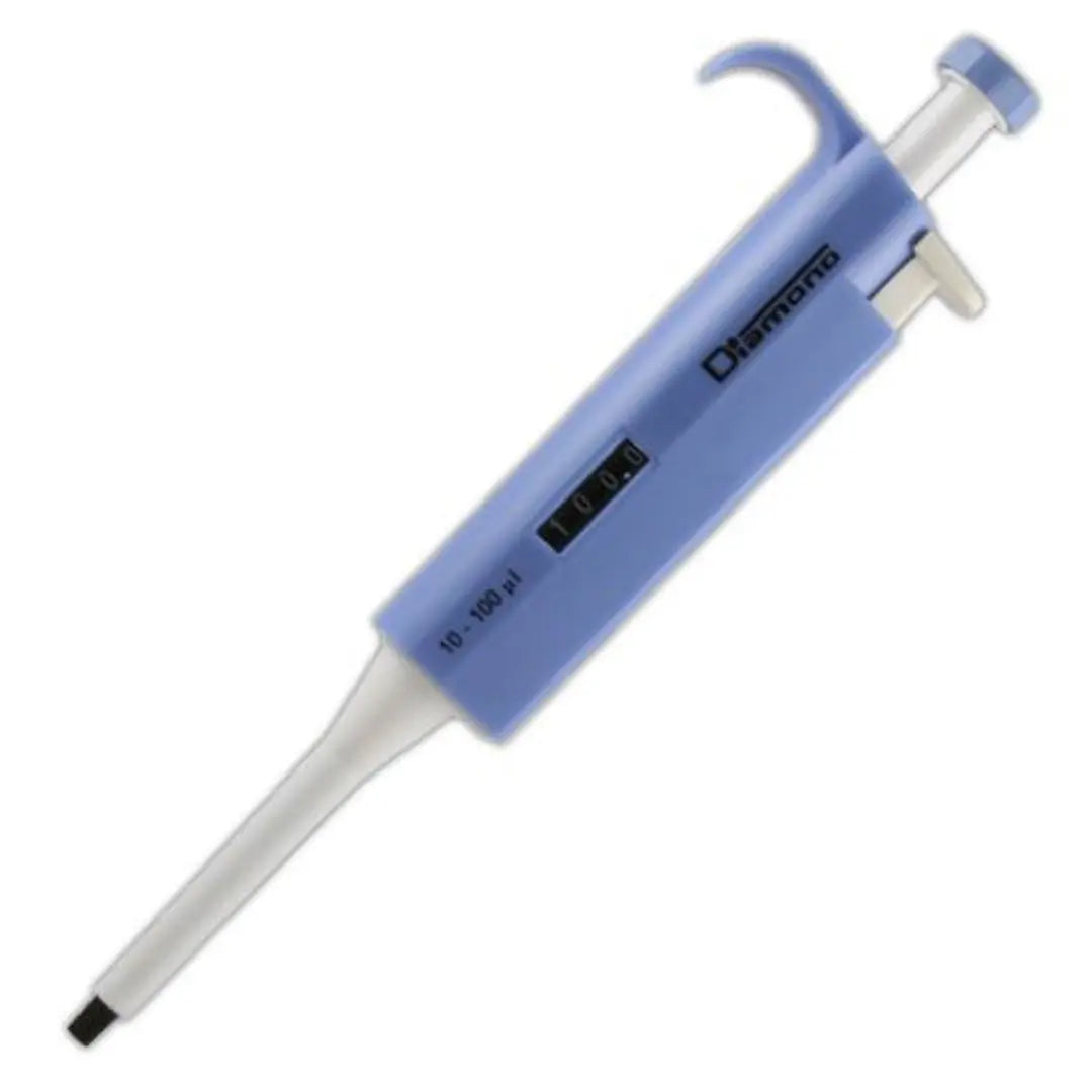 Adjustable Volume Micropipette Model 3301-100 Diamond with blue color-coding, ergonomic design, and dual-step plunger for high-accuracy liquid transfer