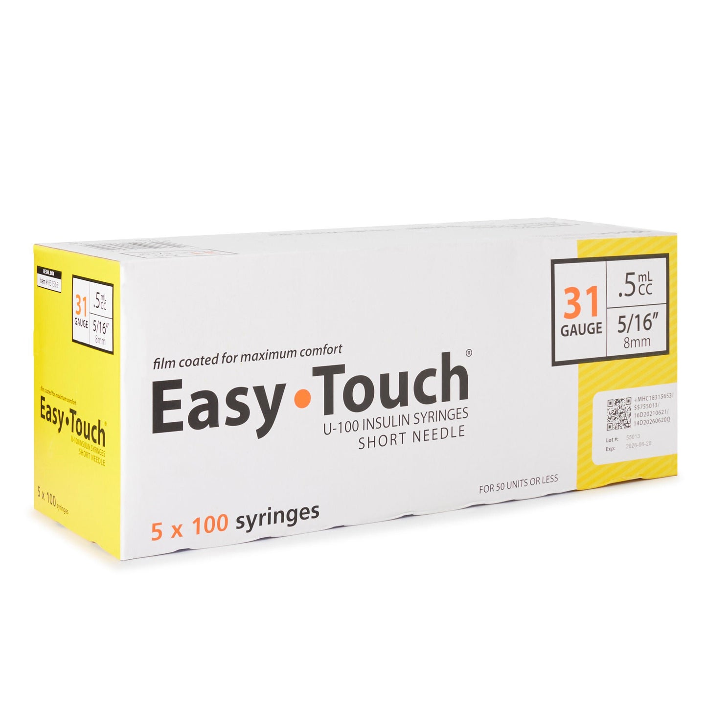 EasyTouch™ Insulin Syringe with Needle, 31 Gauge, 5/16 Inch Needle Length