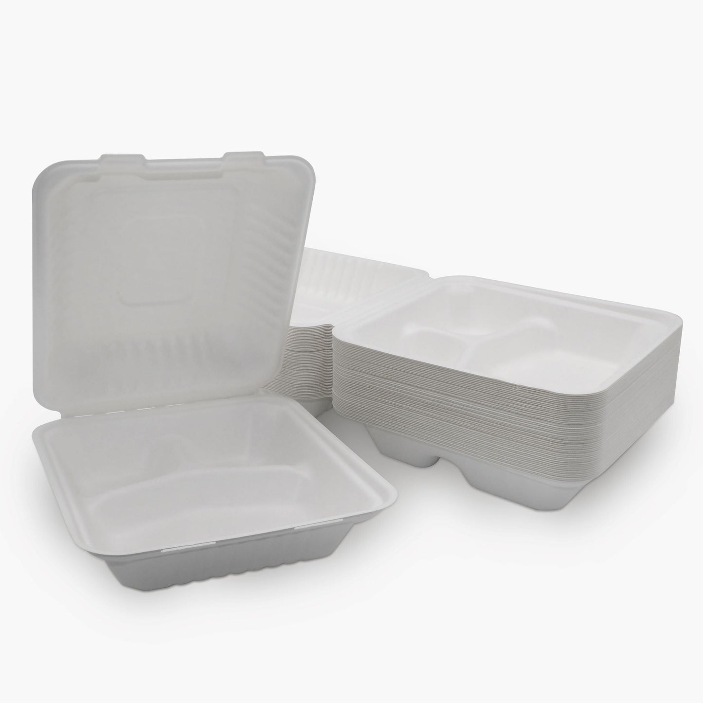 Medd Max LLC 3 Compartment Clamshell Food Container White Compostable Bagasse