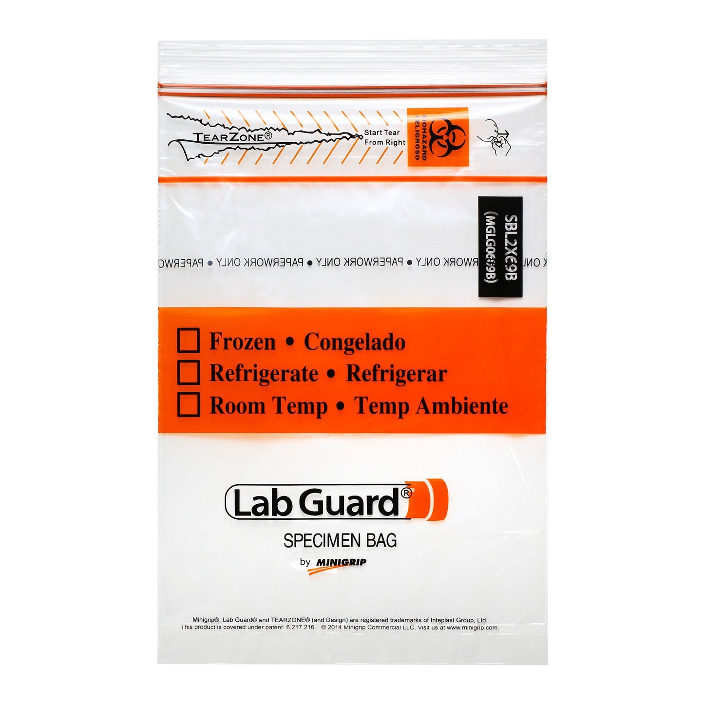 Lab Guard TearZone Specimen Transport Bag with Document Pouch Zip Closure Biohazard Symbol / Storage Instructions