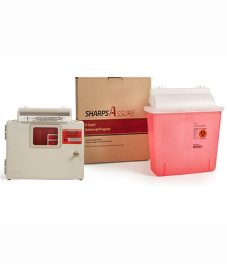 Sharps Assure Mailback Sharps Container Intro Kit Translucent Red Base X 4-3/4 W X 10-1/2 H Inch Horizontal Entry 1.35 gal.