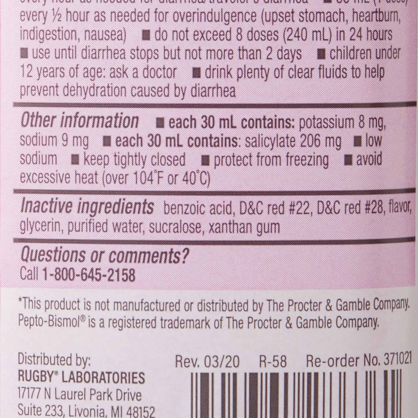Rugby Bismuth Subsalicylate Anti-Diarrheal