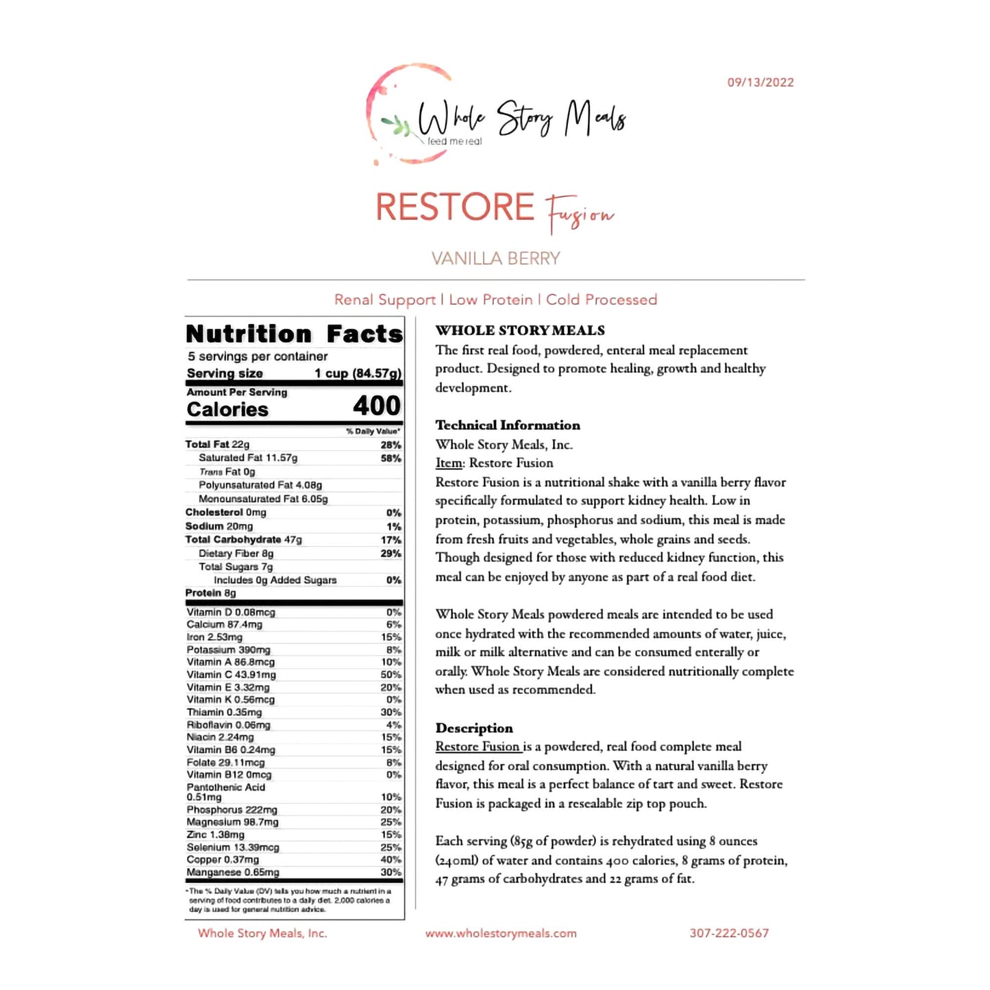 Whole Story Meals™ Restore Renal Support for Oral & Enteral Feed, Vanilla Berry