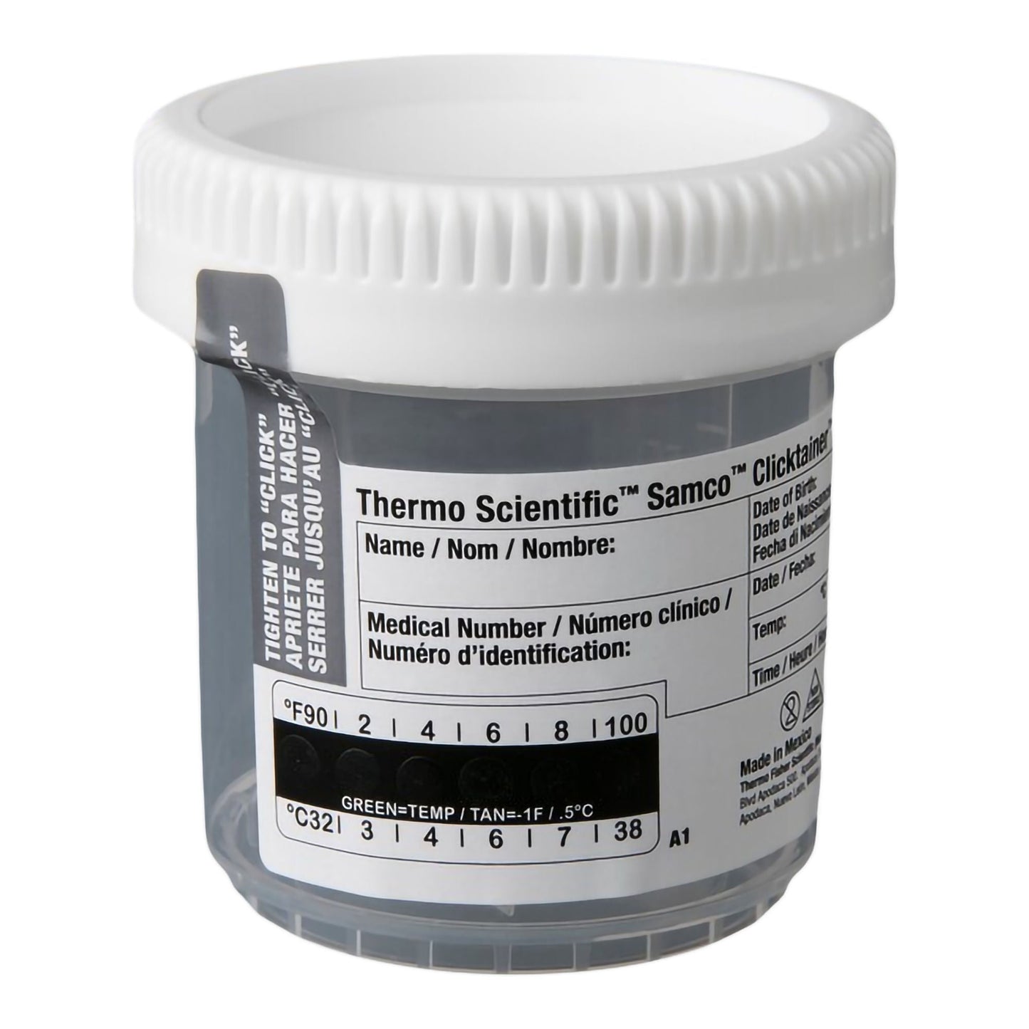 Samco Clicktainer Specimen Container with Temperature Strip 53 mm Opening (3 oz.) Screw Cap Patient Information