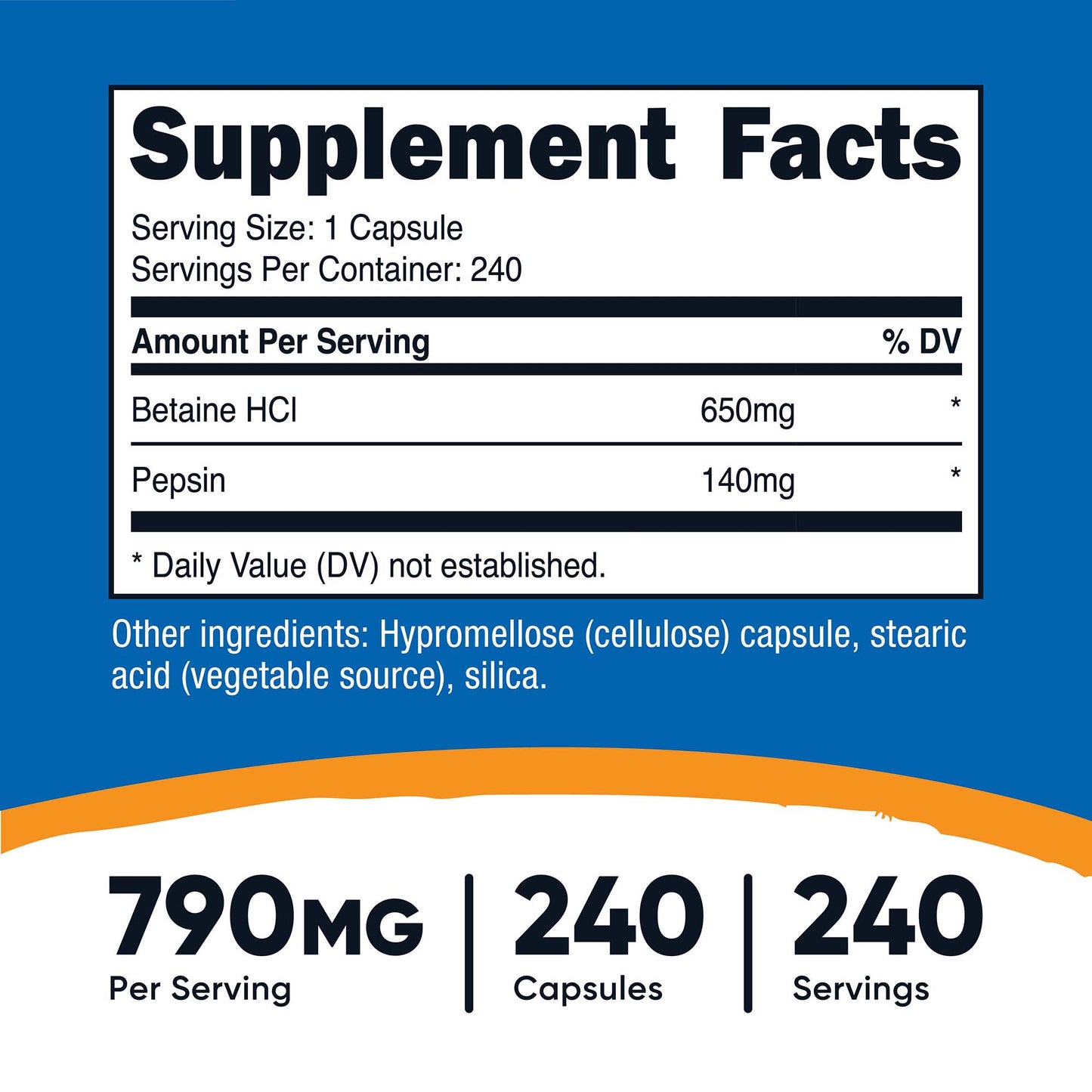 nutricost Dietary Supplement Betaine HCl / Pepsin 790 mg Strength Capsule