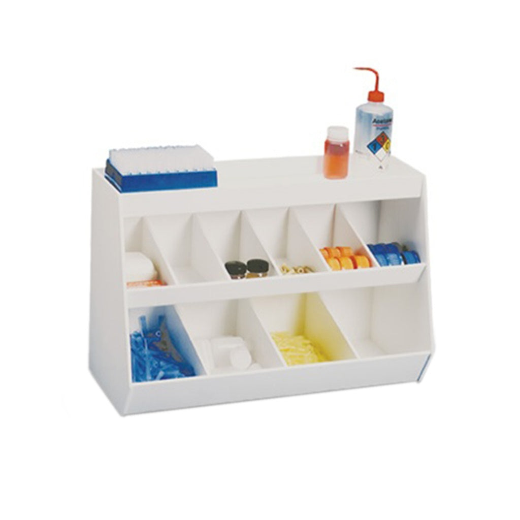 TrippNT 51889 — primary hero, MRI lab storage shelf 10 bins — white PVC MRI-safe wide countertop shelf with 10 fixed bins and top shelf