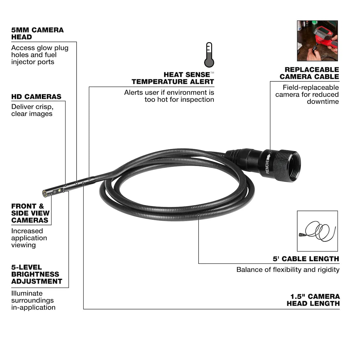 Milwaukee 5mm 5' Borescope Camera Cable 48-53-3151 | Not Applicable Battery, Not Applicable