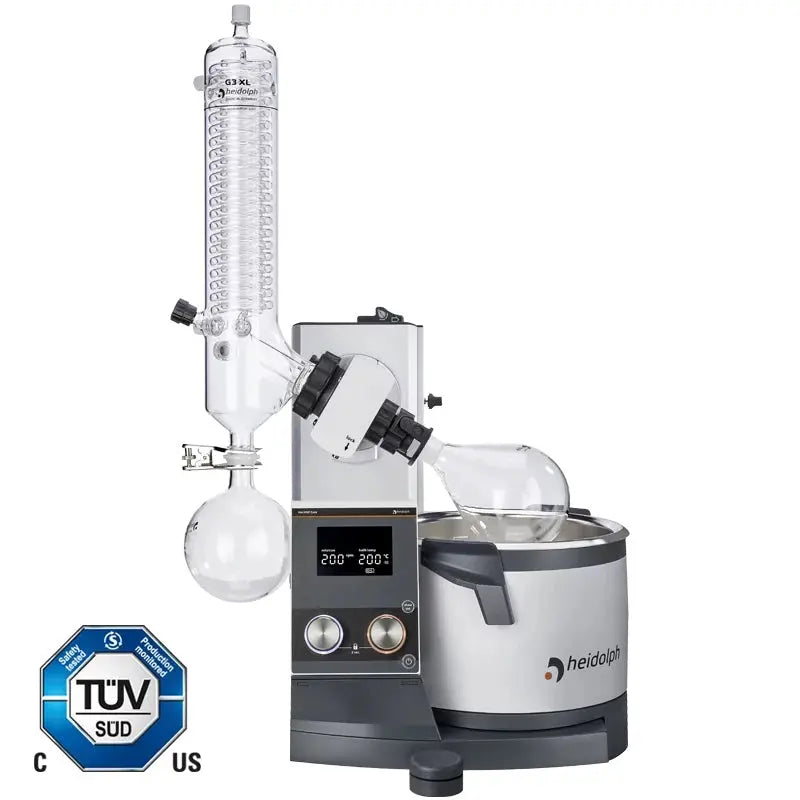 Heidolph Hei-VAP Core HL Rotary Evaporator 5L with coated G3BXL condenser, hand lift mechanism, and 3.5-inch LCD display for digital temperature and rotation control
