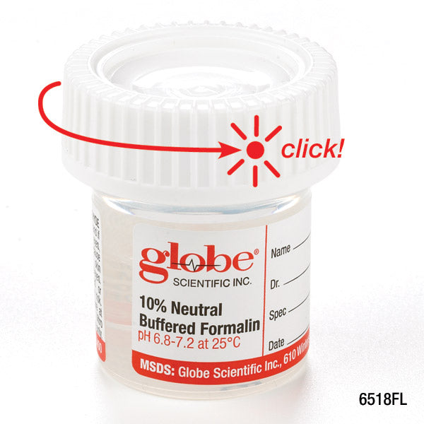 Prefilled Formalin Specimen Containers, PP Click-Close Lid (Tite-Rite) — 20–120 mL, 10% NBF, Case | Globe Scientific