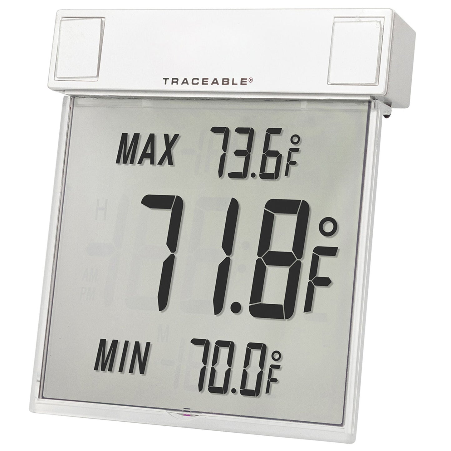 Traceable Big-Digit See-Thru Digital Thermometer Fahrenheit / Celsius -13° to +158°F (-25° to +70°C) Internal Sensor Multiple Mounting Options Battery Operated