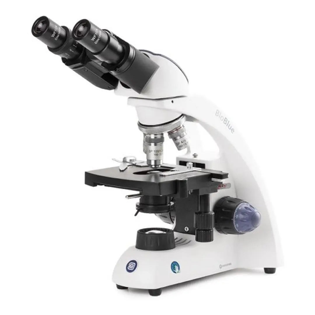 BioBlue Binocular Compound Microscope EBB-4260 with semi-plan objectives, 1000x magnification, mechanical stage, and NeoLED illumination for classroom and laboratory specimen analysis