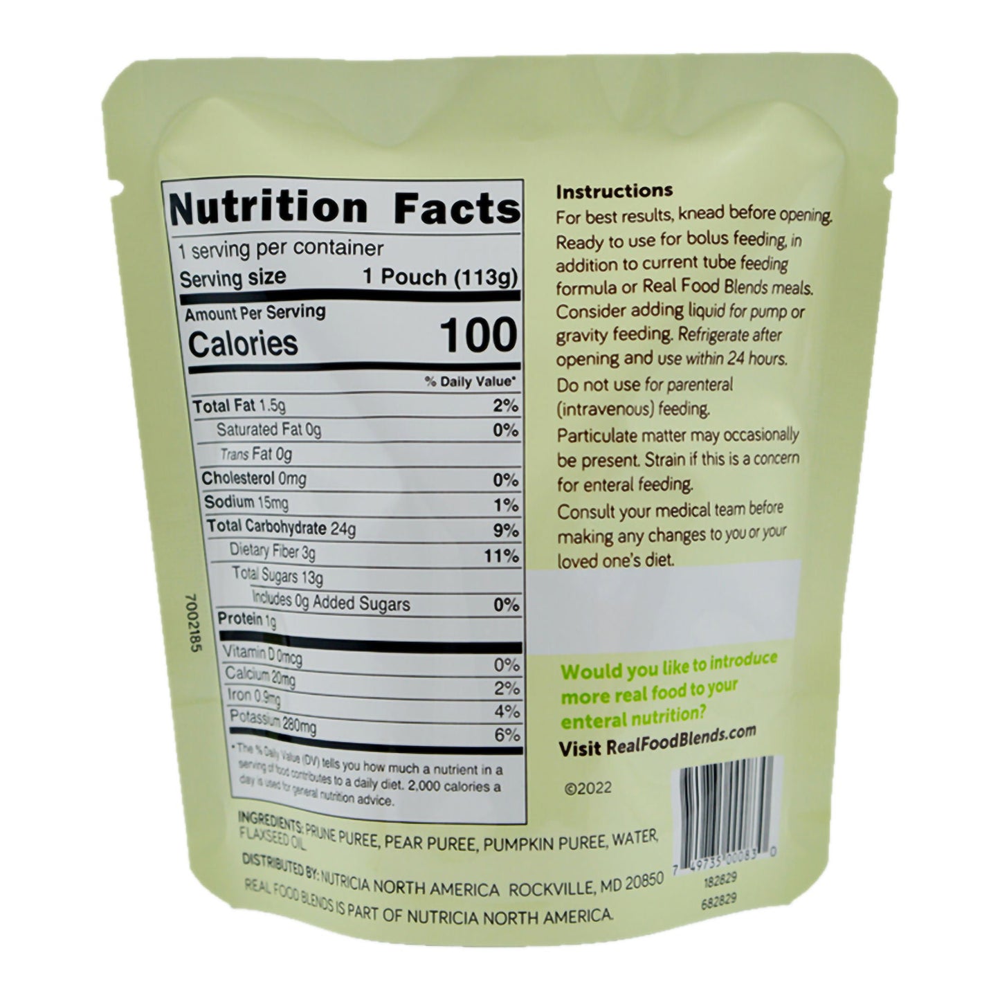 Real Food Blends Mini Tube Feeding Formula Prunes / Pears / Pumpkin Flavor Liquid Pouch