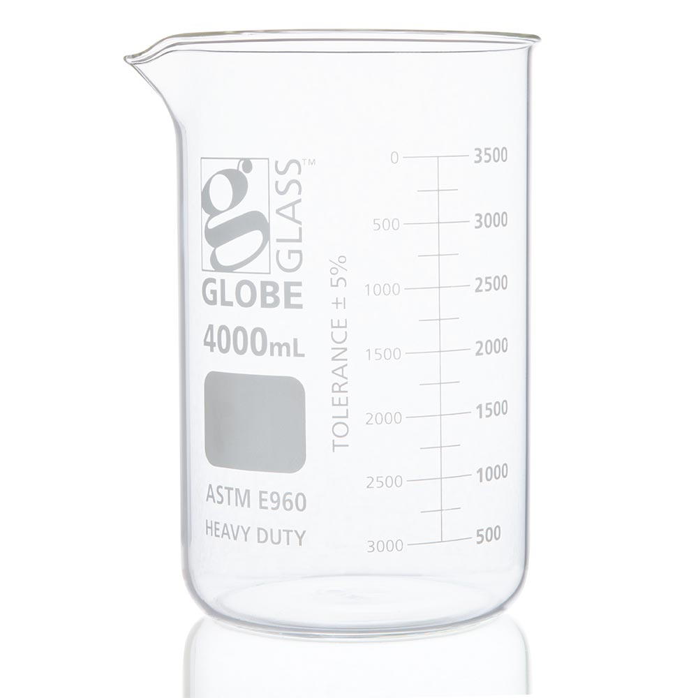 Glass Beakers, Low Form Griffin, Borosilicate Dual Graduations, ASTM E960 — 400–4000 mL, Boxed | Globe Scientific