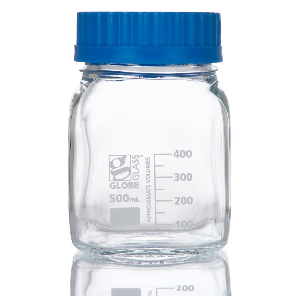 Square Media Bottles, Wide Mouth, Globe Glass — 500 mL, GL80 Screw Cap, 10/Box | Globe Scientific