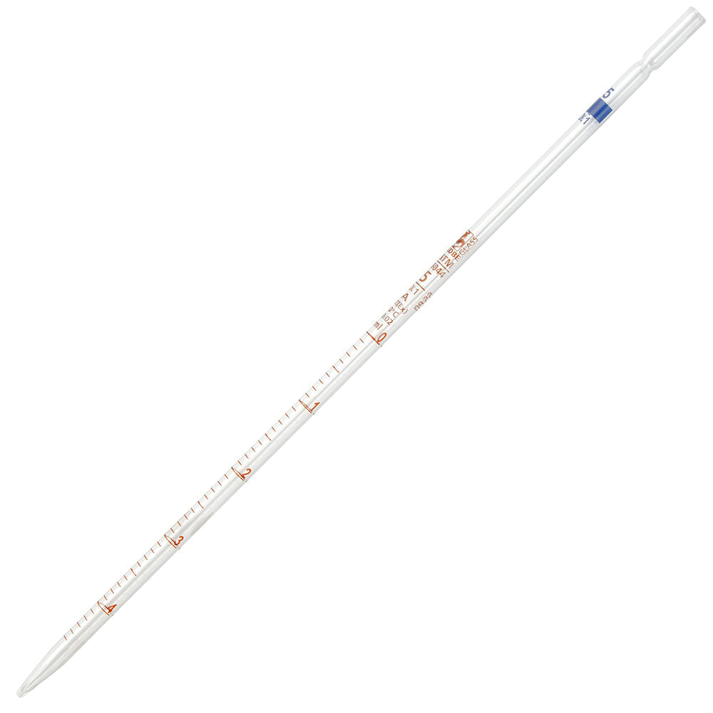 5 mL Serological Pipettes, Reusable Glass, Class A TD, 0.1 mL Graduations — Blue Band, 6/Box | Globe Scientific