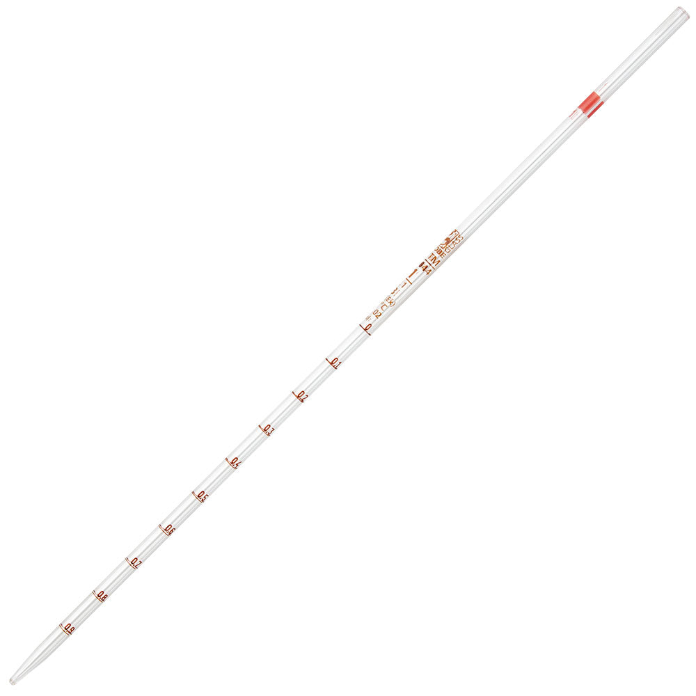 1 mL Serological Pipettes, Reusable Glass, TD 0.1 mL Graduations — Red Band, 6/Box | Globe Scientific