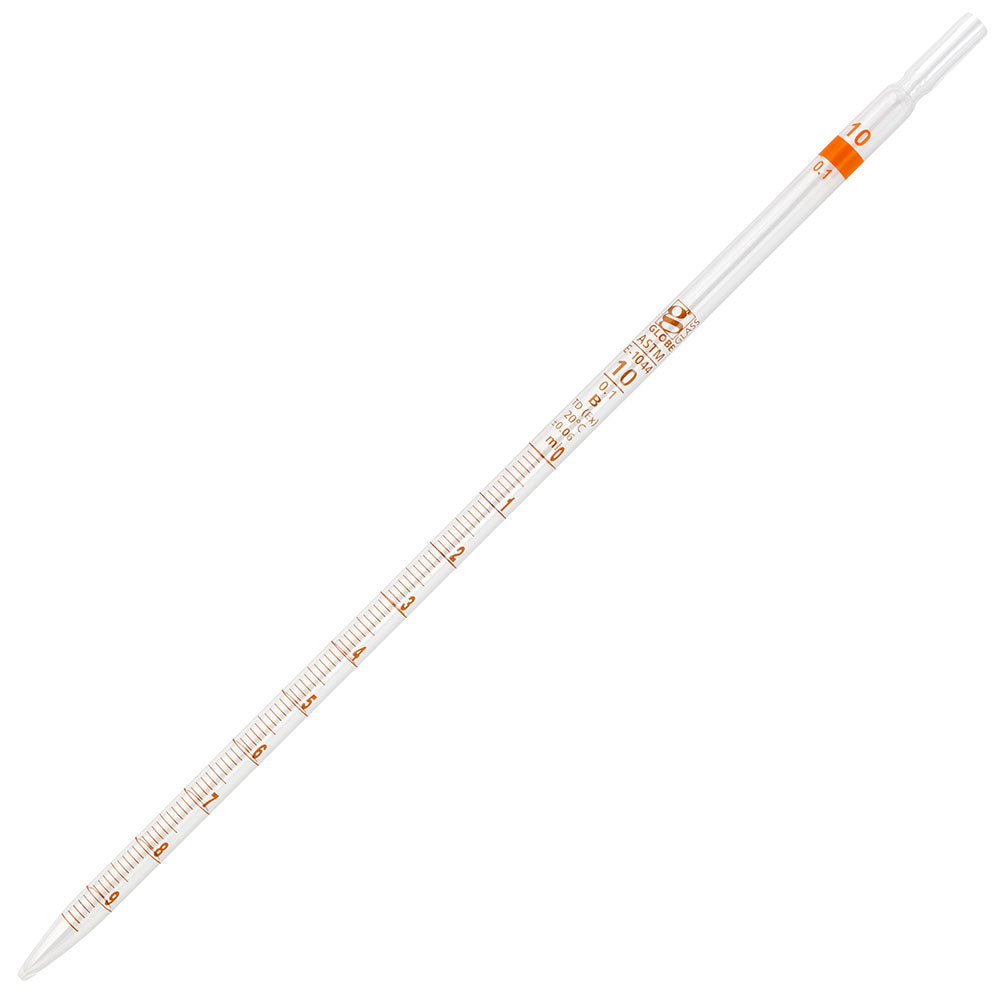 10 mL Serological Pipettes, Reusable Glass, TD 0.1 mL Graduations — Orange Band, 6/Box | Globe Scientific
