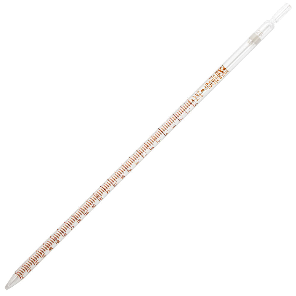 25 mL Serological Pipettes, Reusable Borosilicate Glass, TD 0.1 mL Graduations — White Band, ASTM E1044, 6/Box | Globe Scientific