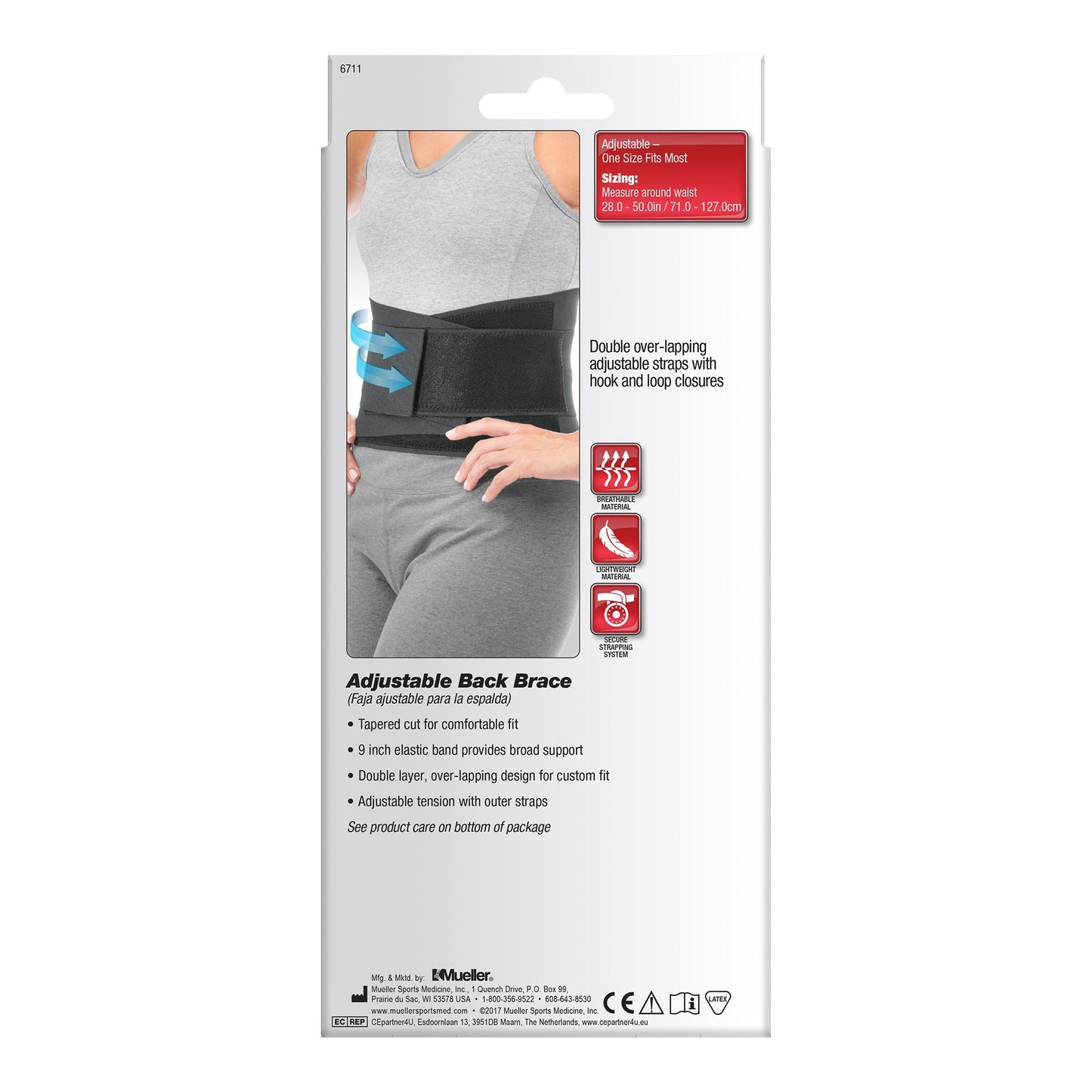 Mueller® Back Brace, Lumbar Support, 28 – 50 Inch Waist, Hook and Loop Closure