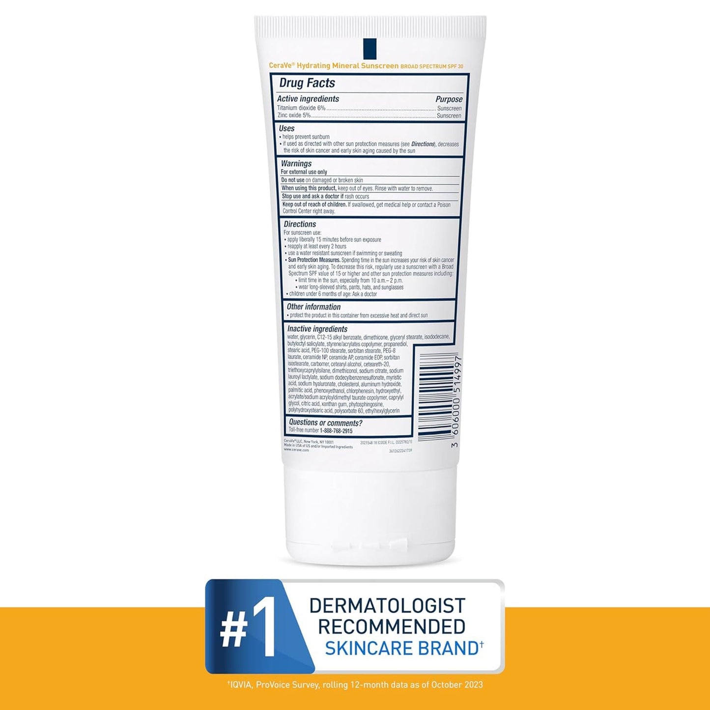 CeraVe® Hydrating Mineral Sunscreen for Body SPF 30, Tube