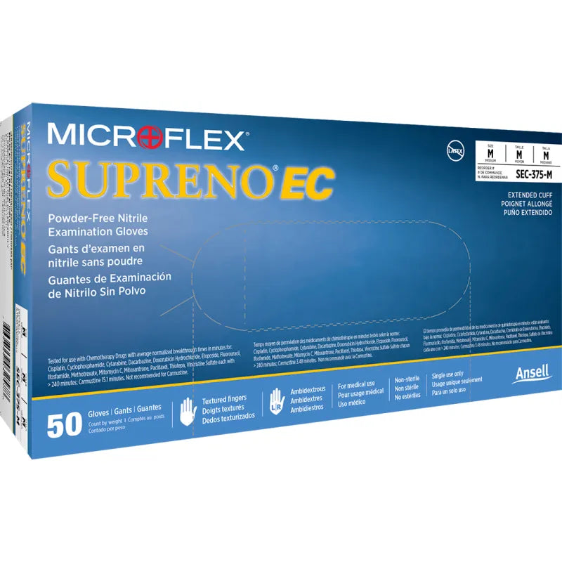 Ansell MICROFLEX Supreno EC SEC-375 — extended 11.6-inch cuff and textured fingertip detail