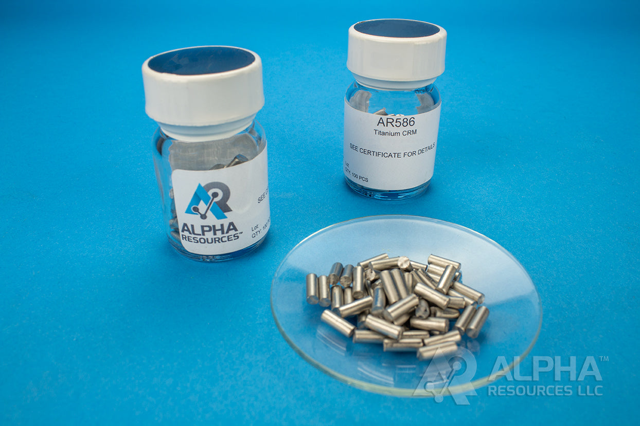 Hydrogen and Carbon in Titanium CRM (H=0.0016% C=0.019%) - 0.25g pins - Alpha Resources part AR586 (replaces ELTRA P91305-1001)
