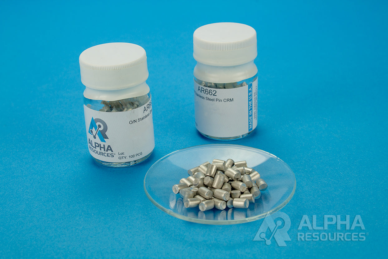 Oxygen and Nitrogen in Steel CRM (O= 0.0026%, N= 0.072%) - 0.5g Pins - Alpha Resources part AR662 (replaces LECO 501-552)