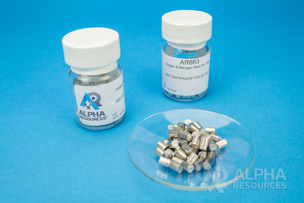 Oxygen and Nitrogen in Steel CRM (O= 0.0046%, N= 0.1500%) - 0.5g Pins - Alpha Resources part AR663 (replaces LECO 502-016)