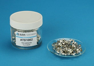 Pressed Tin Capsule (H=5mm, D=3.5mm WGT=13mg) - Alpha Resources part ATD1002 (replaces Costech 041074)