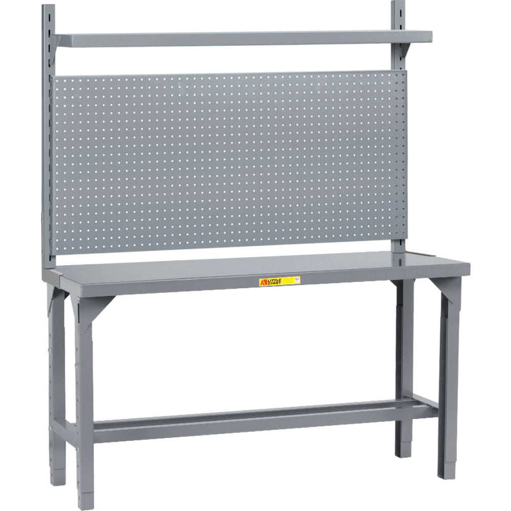 Little Giant WST1 adjustable-height packaging table with pegboard panel and shelf
