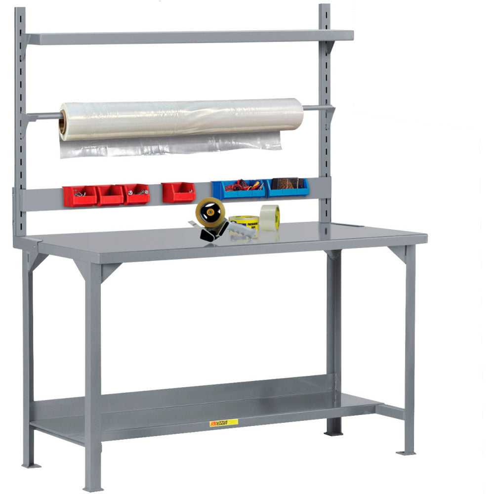 Little Giant HD Packaging Table with Bin Rail, Roll Goods Holder, Lower Shelf, 48"W x 24"D