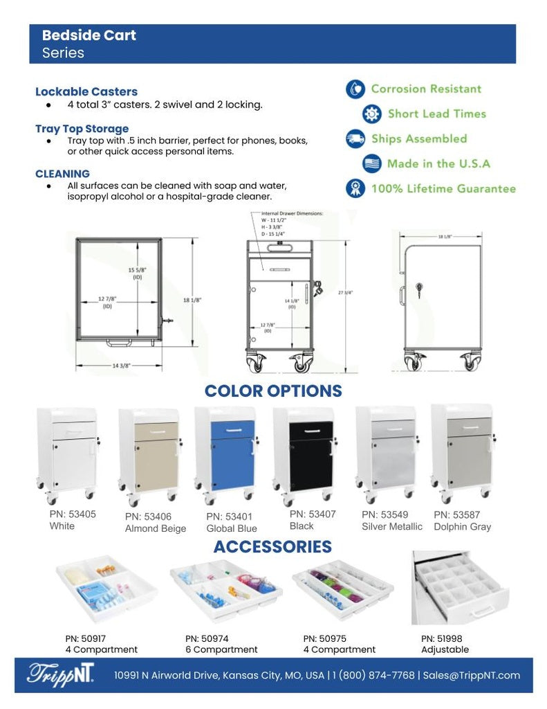 TrippNT 53401 Bedside Cart Global Blue Sales Sheet Back Specifications