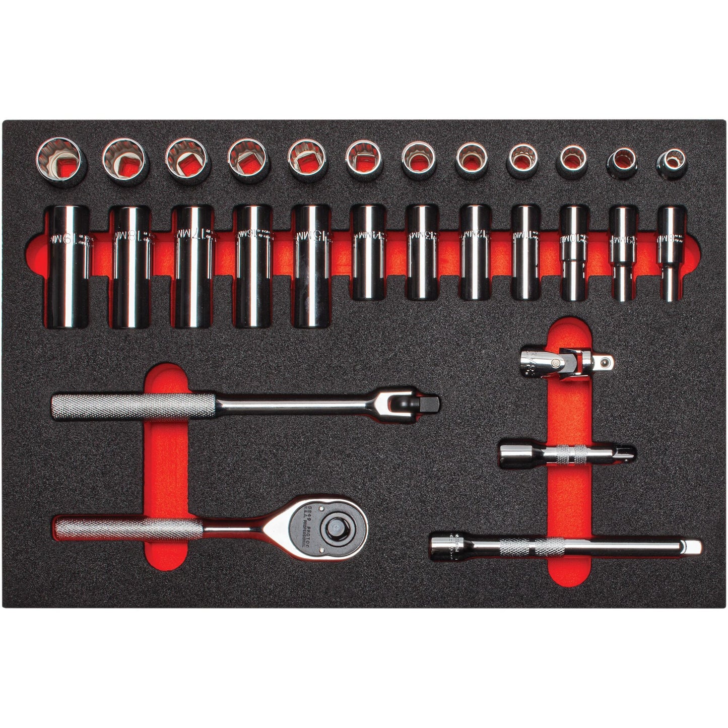 Proto 3/8 in. Drive 12-Point Socket Set With Classic Pear Head Ratchet With Foam (29 pc.) J52222K