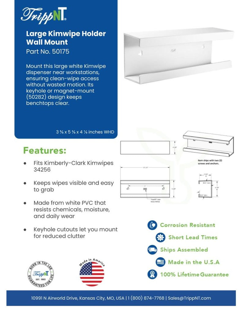 TrippNT 50175 — laboratory in-use view with Kimtech XL box mounted on wall adjacent to analytical instrument bench