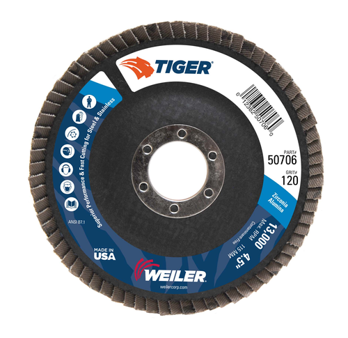 Weiler Tiger Disc Abrasive Flap Disc, Flat (TY27), Phenolic Backing 50706 — Box of 10
