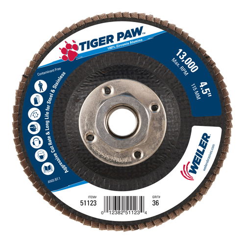 Weiler Tiger Paw Abrasive Flap Disc, Conical (TY29), Phenolic Backing — Pack of 10