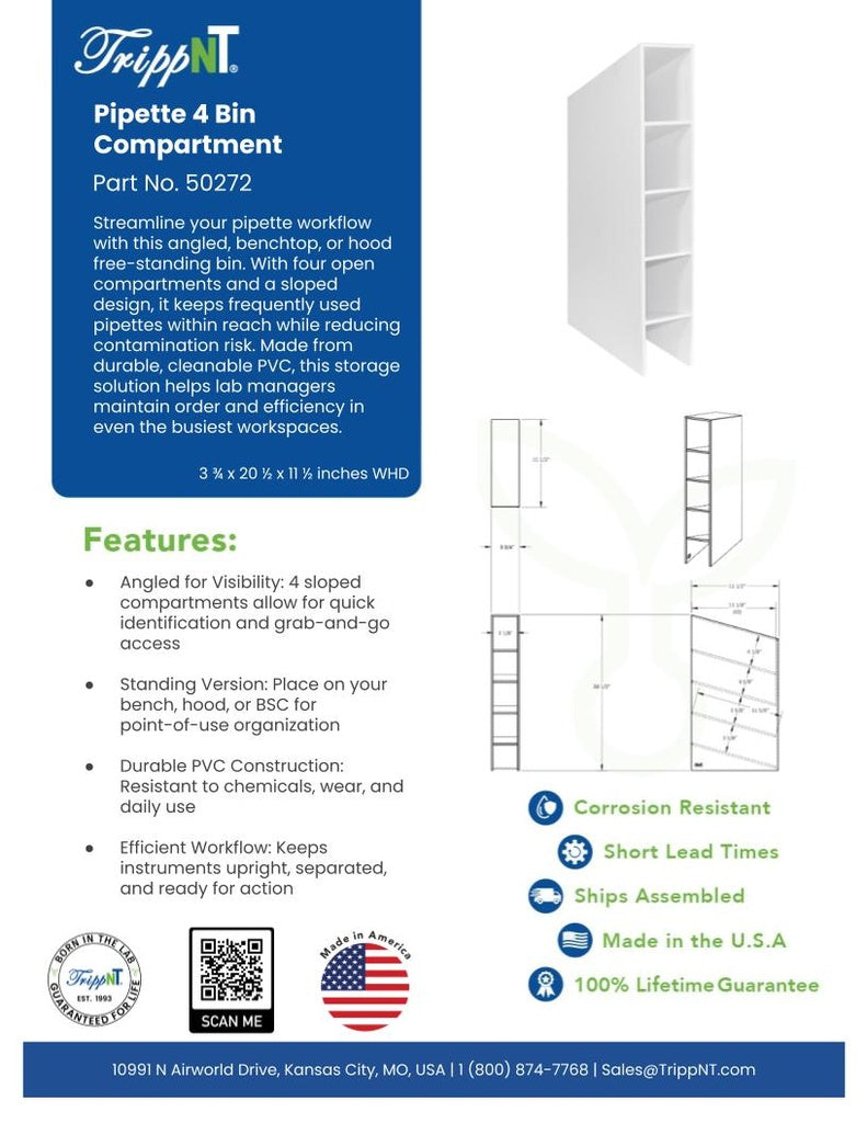 TrippNT 50272 — laboratory in-use view with serological pipettes organized in 4 columns on bench