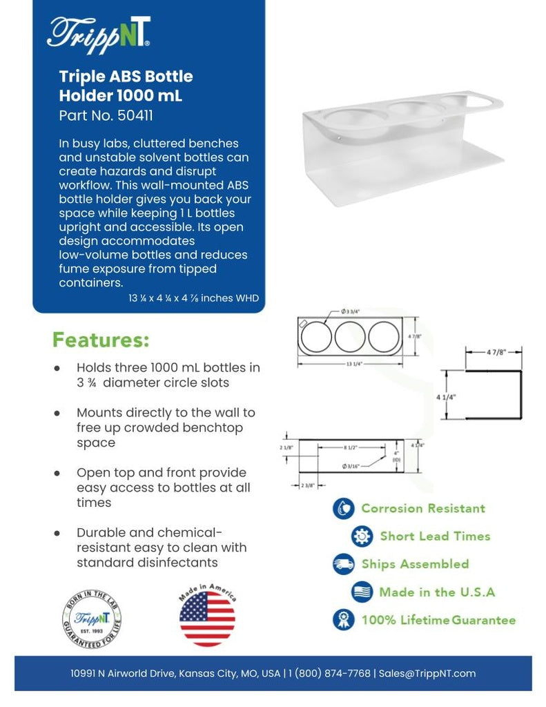 TrippNT 50411 — laboratory in-use view on analytical bench with 3 x 1-liter solvent bottles restrained
