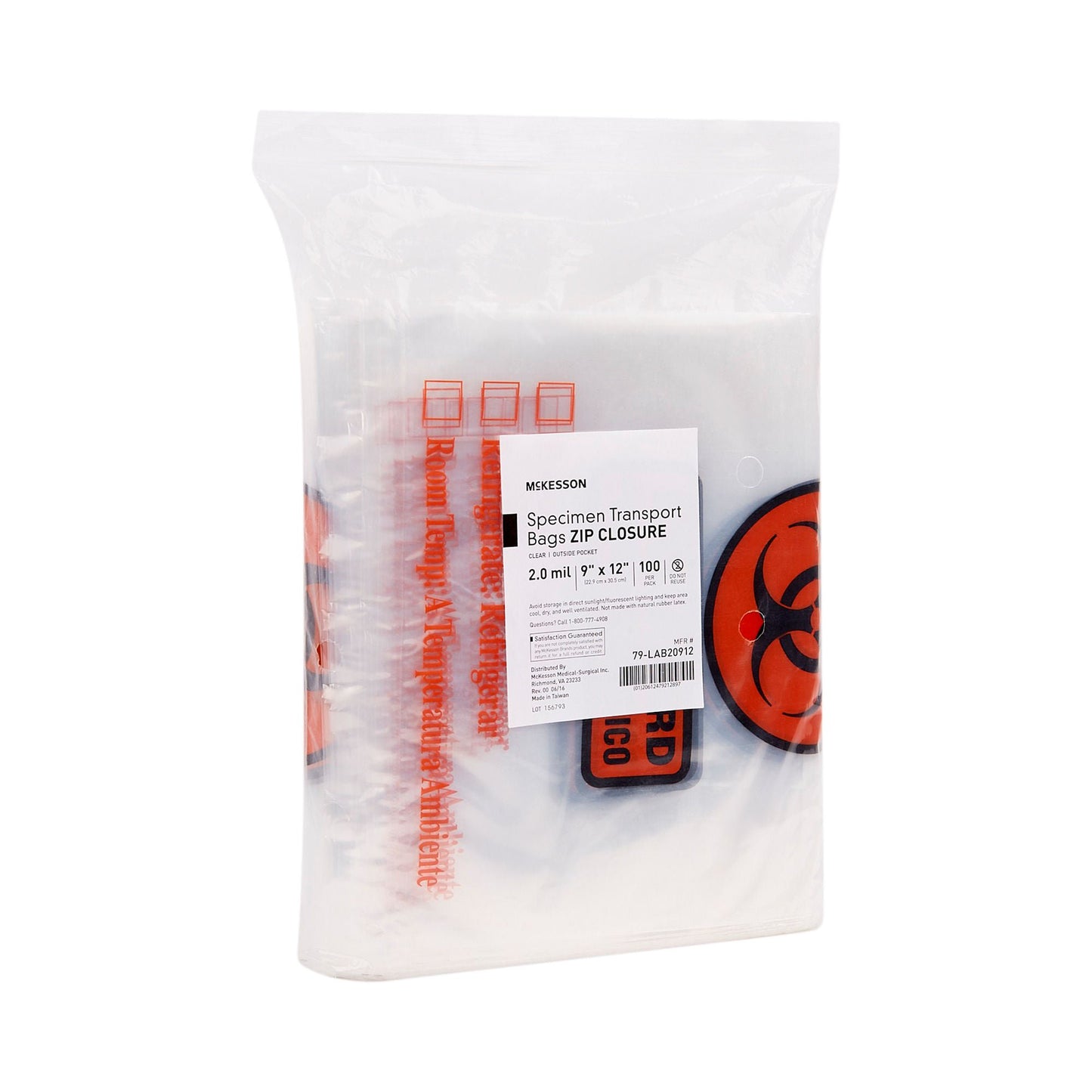 McKesson Specimen Transport Bag with Document Pouch, Zip Closure