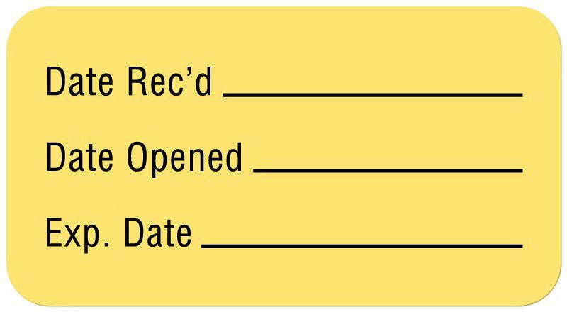 Pre-Printed / Write On Label Auxiliary Label Yellow Paper Date Rec'D __________ / Date Opened __________ / Exp. Date __________ Quality Control Label