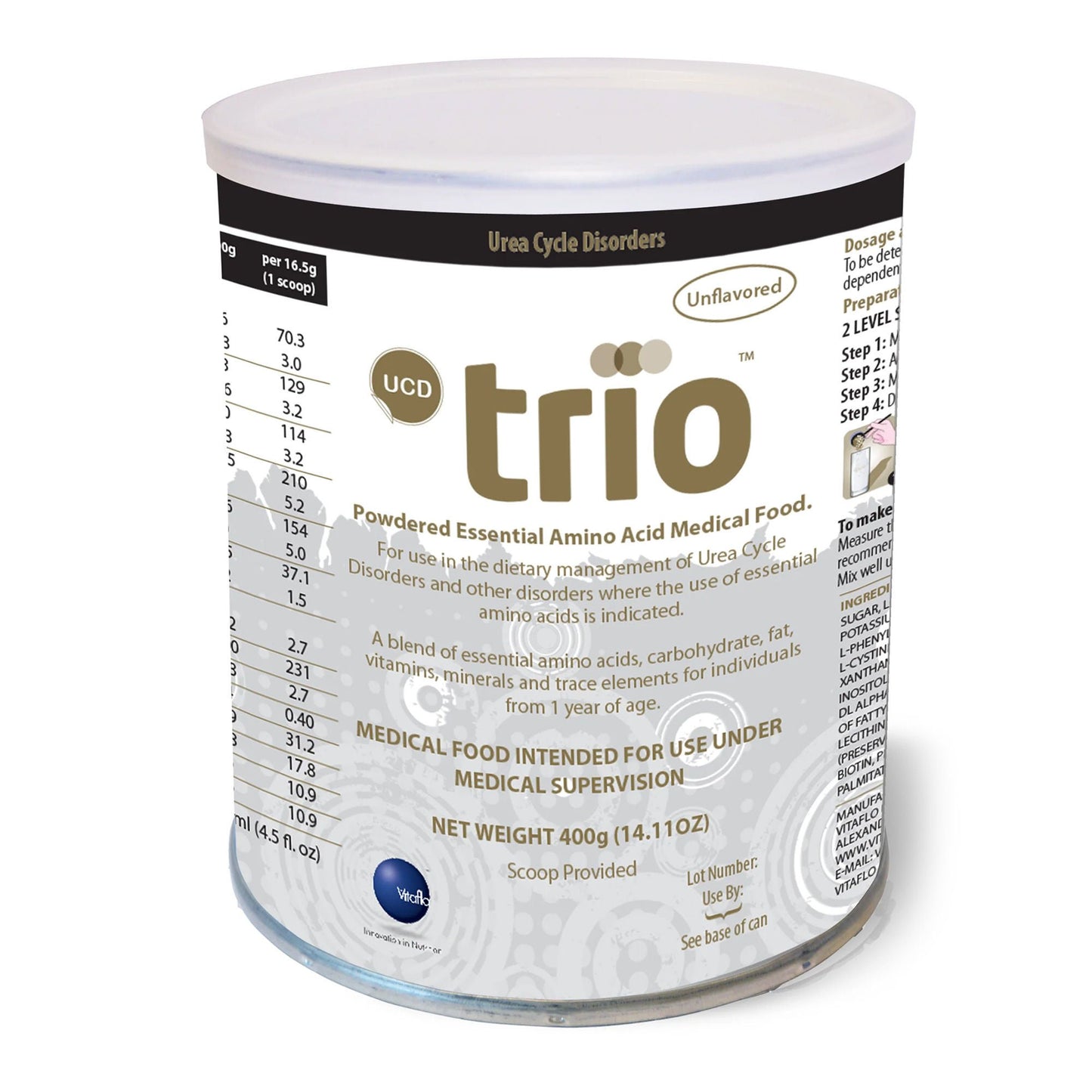 UCD trio Pediatric Oral Supplement Unflavored 400 Gram Can Powder Amino Acid Urea Cycle Disorder