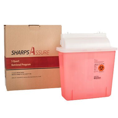 Sharps Assure Mailback Sharps Container Translucent Red Base X 4-3/4 W X 10-1/2 H Inch Horizontal Entry 1.35 gal.