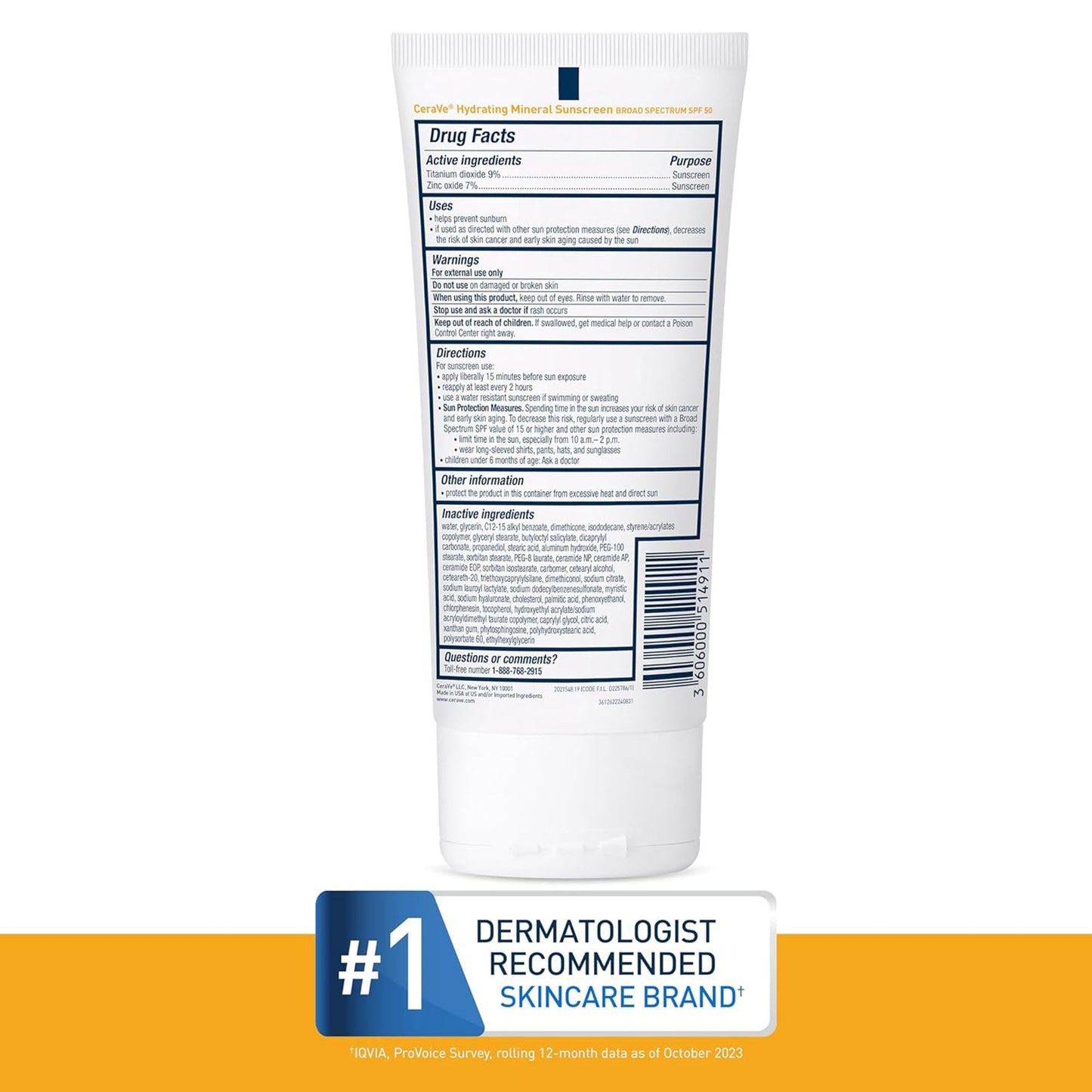 CeraVe® Hydrating Mineral Sunscreen Body SPF 50, Tube