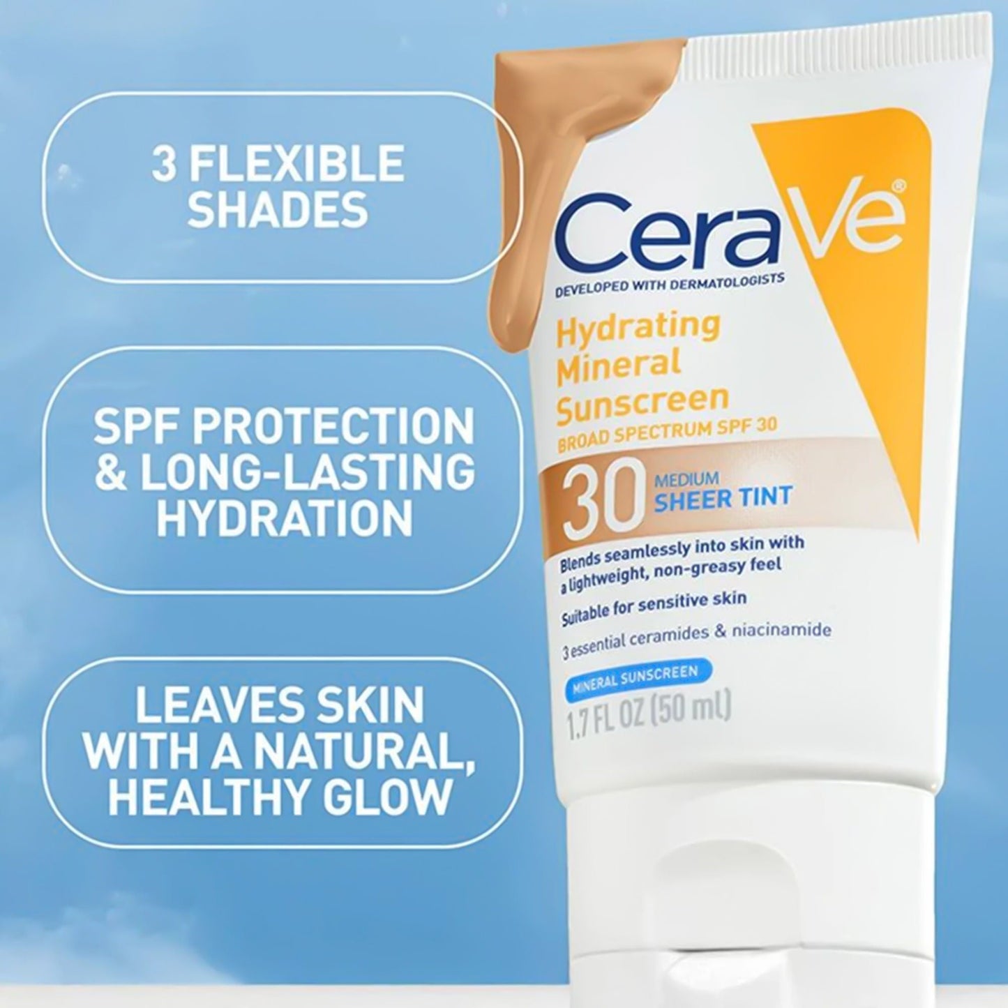 CeraVe® Hydrating Mineral Sunscreen Medium Sheer Tint, SPF 30, Tube