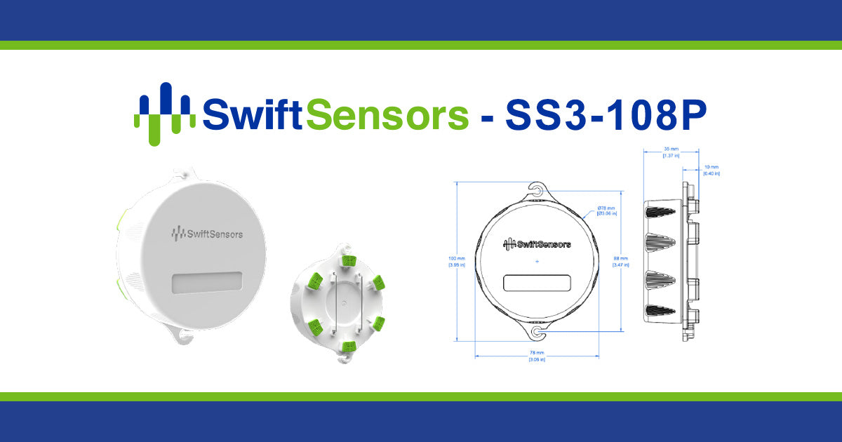 Swift Sensors SS3-108P dimensions: front, side and mounting-hole drawing
