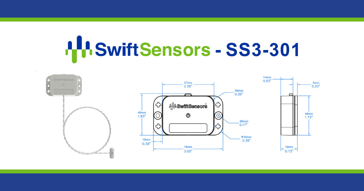 Swift Sensors SS3-301 dimensions: front, side and mounting-hole drawing
