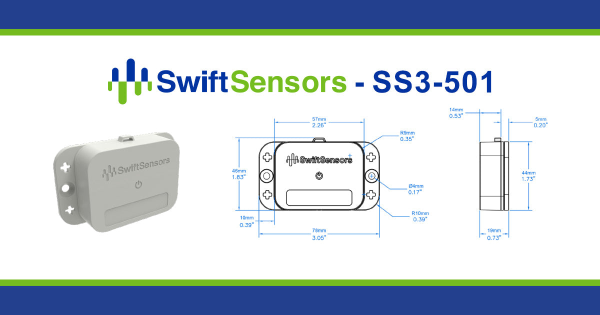 Swift Sensors SS3-501 dimensions: front, side and mounting-hole drawing